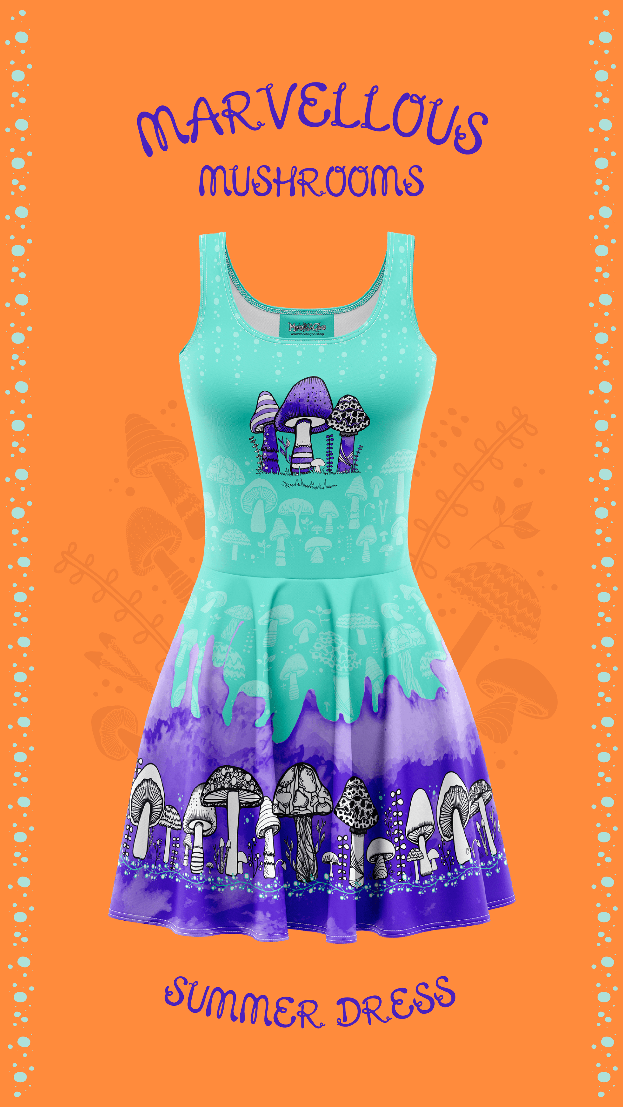 Quirky turquoise and purple illustrated dress with mushrooms and bold patterns, designed by MooksGoo