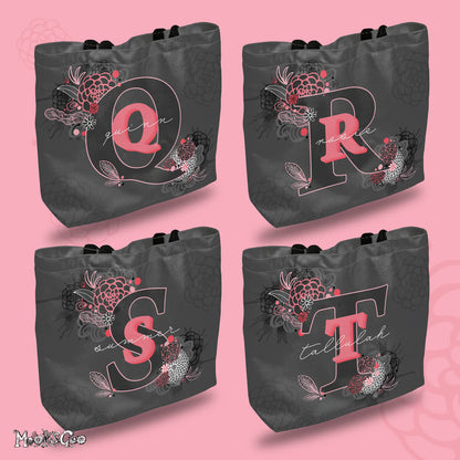 Personalised tote handbag with the letters Q for Quinn, R for Rosie, S for Summer, T for Tallulah