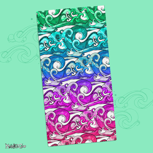 Funky illustrated surfing rainbow wave pattern on a soft large bathroom or beach towel, designed by MooksGoo