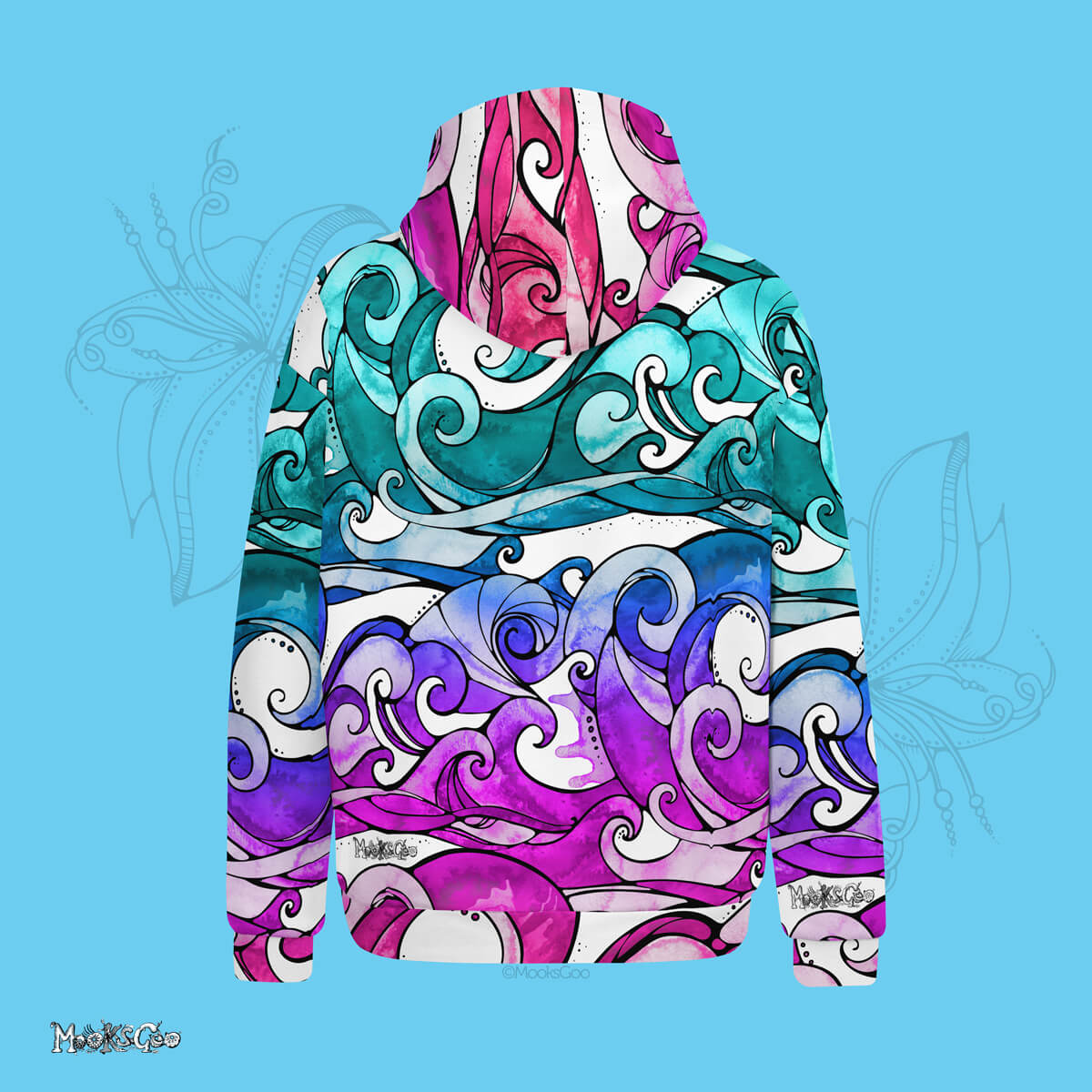 Back view of the funky rainbow surfing wave design hoodie on recycled fabric, designed by MooksGoo