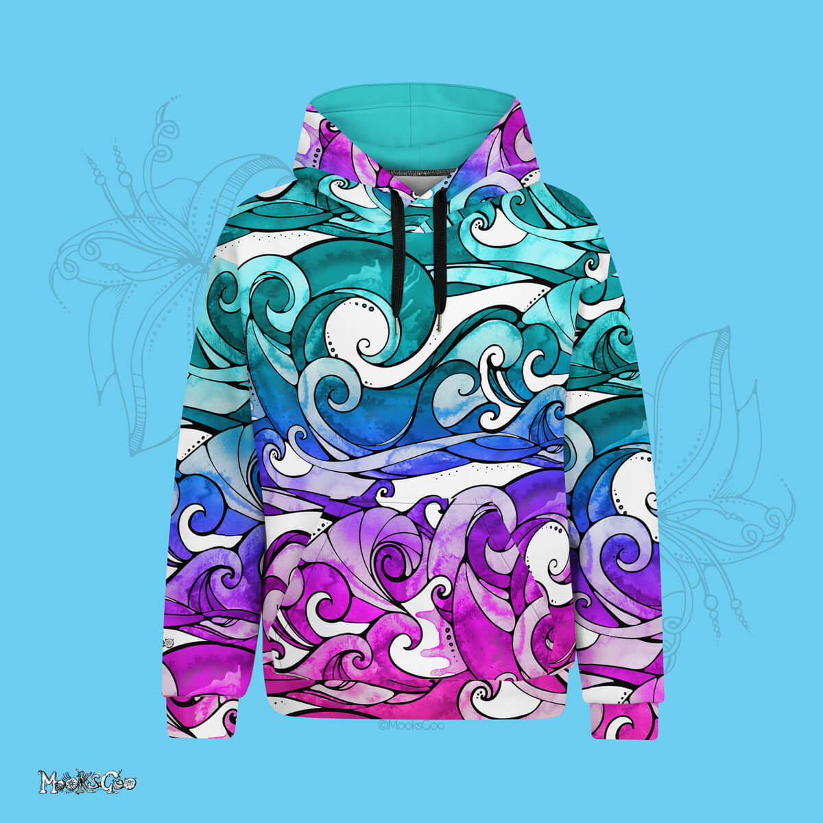 Funky colourful all over print unisex recycled hoodie, with a bright surfing wave repeat pattern designed and illustrated by hand with watercolour colour in. designed by MooksGoo