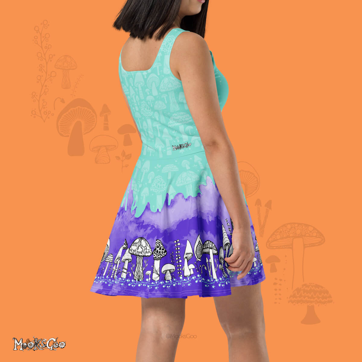 Right side view of a autumnal quirky mushroom style dress that twists and flares like a tennis skirt. Designed and illustrated by MooksGoo