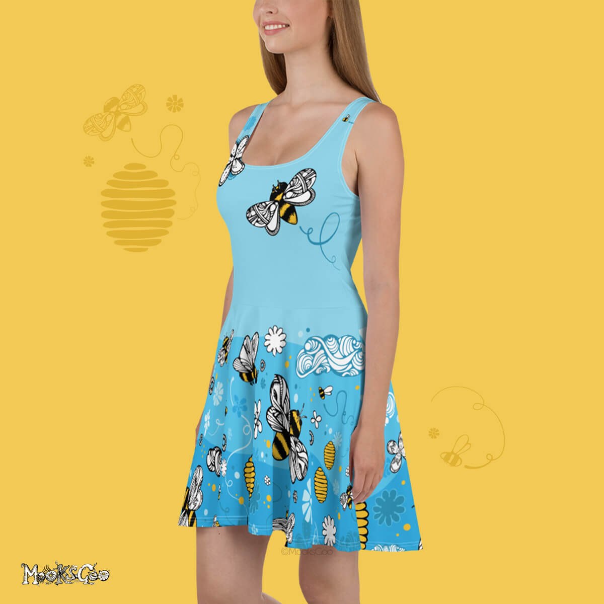 Vibrant bees, honey and flowers illustrated dress with a silky feel. Save the bees flared dress, model to the left, designed by MooksGoo