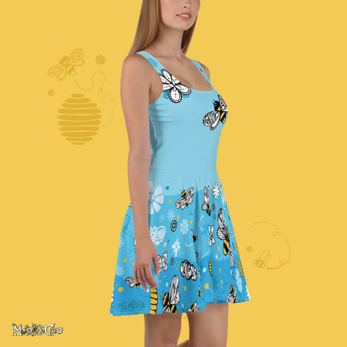 Vibrant bees, honey and flowers illustrated dress with a silky feel. Save the bees flared dress, modelled to the right, designed by MooksGoo