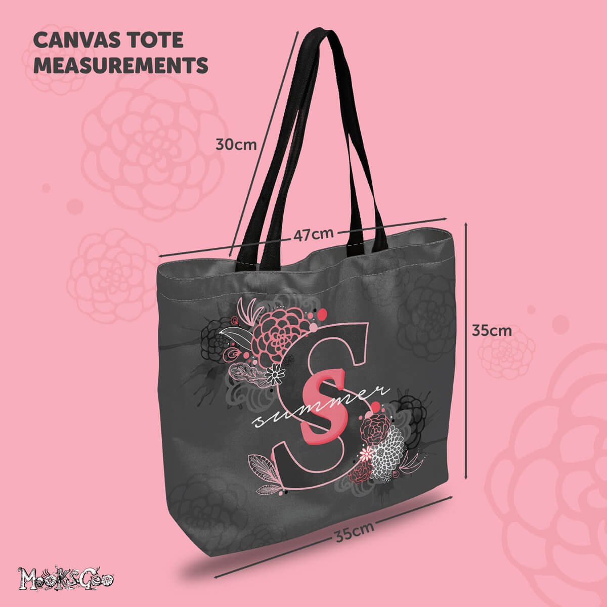 Tote bag measurements for a personalised name, designed by MooksGoo