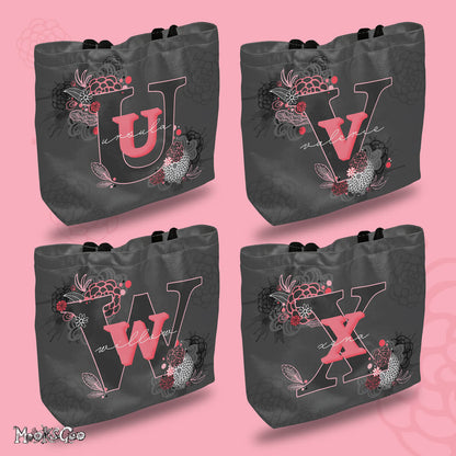 Personalised tote bags with letters U for Ursula, V for Valerie, W for Willow, X for Xena, designed by MooksGoo