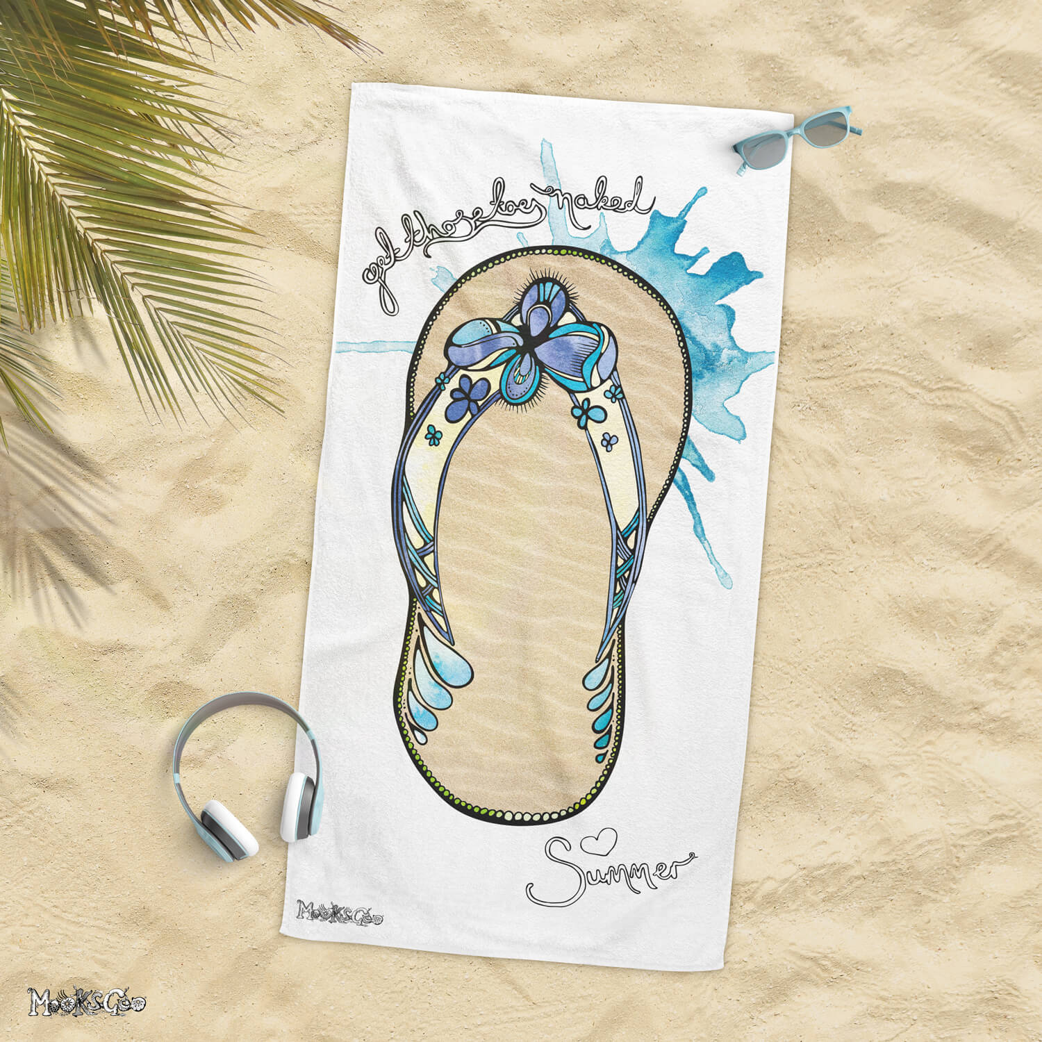 Funky flip flop illustrated towel lying on a palm beach with sunglasses and headphones, designed by MooksGoo