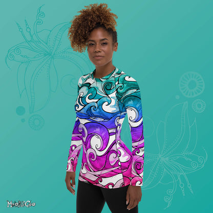 Bright rainbow wave rash guard sports vest for swimming, surfing, working out, yoga, cycling and more, model to the left. Quirky illustrated wave pattern designed by MooksGoo.