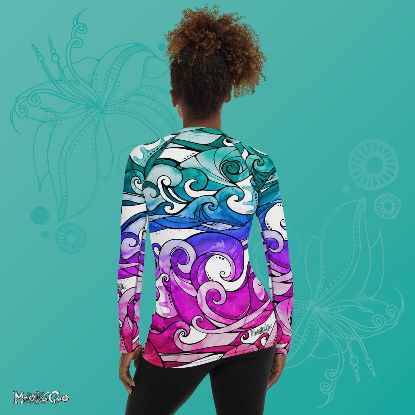 Bright rainbow wave rash guard sports vest for swimming, surfing, working out, yoga, cycling and more, model to the back. Quirky illustrated wave pattern designed by MooksGoo.