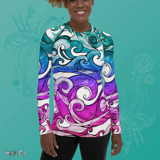 Bright rainbow wave rash guard sports vest for swimming, surfing, working out, yoga, cycling and more, model to the front. Quirky illustrated wave pattern designed by MooksGoo.