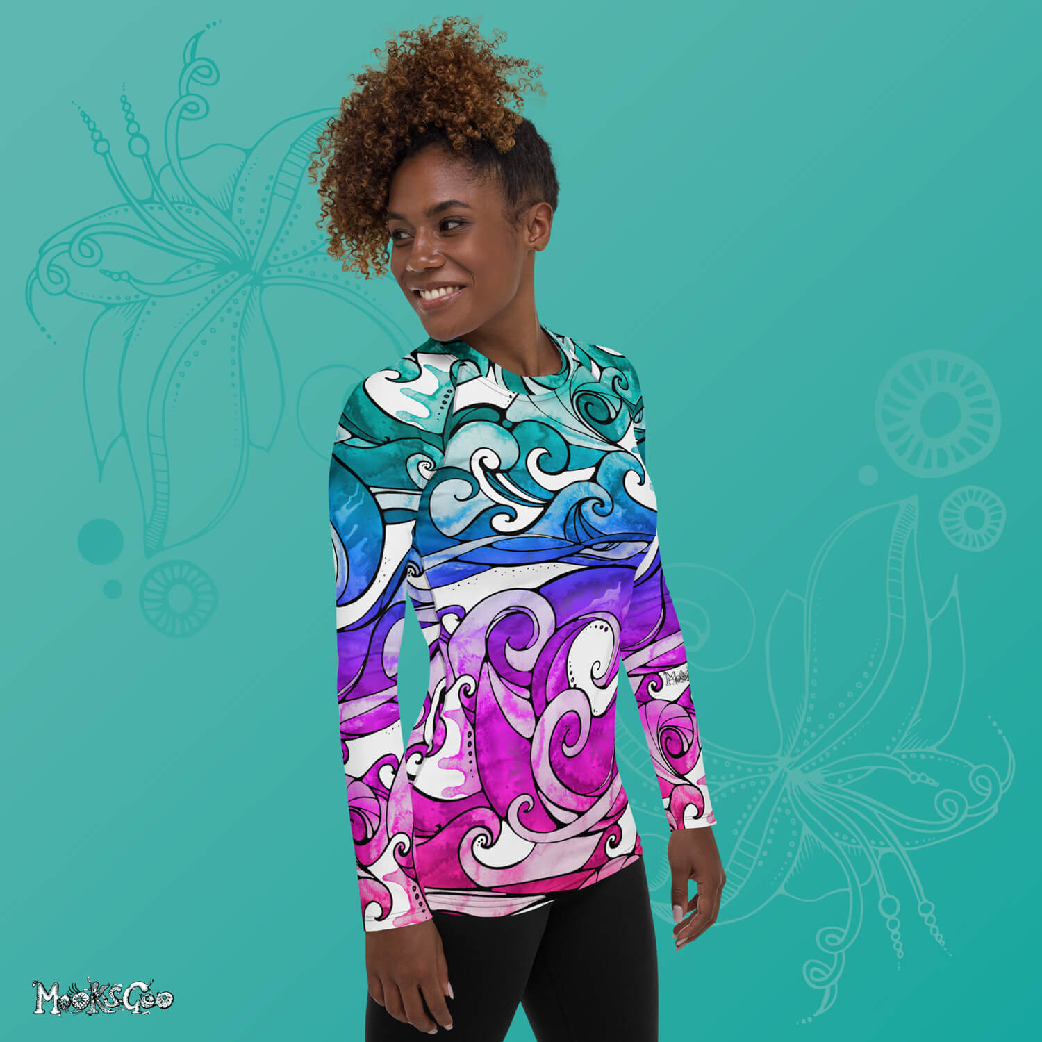 Bright rainbow wave rash guard sports vest for swimming, surfing, working out, yoga, cycling and more, model to the right. Quirky illustrated wave pattern designed by MooksGoo.