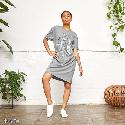 model showing off the athletic grey long t-shirt dress with a wine, cheese a biscuits theme, designed by MooksGoo 