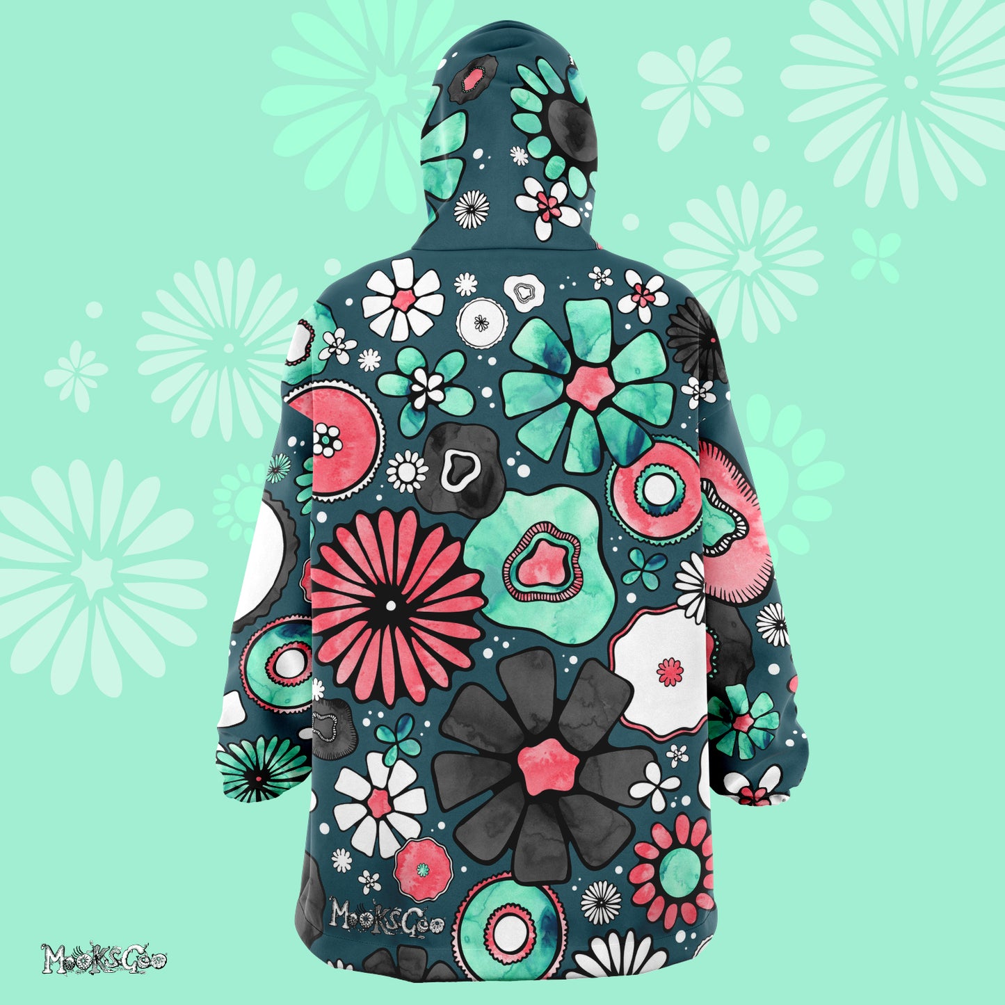 Soft microfibre fleece and minky oversized hoodie for winter clothing to keep warm, designed with bright bold funky nature flowers with turquoise and coral hand drawn flowers by MooksGoo