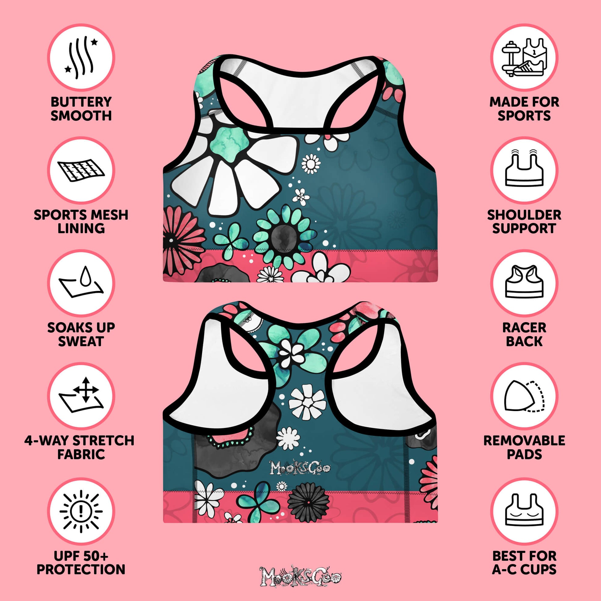Supportive sports bra with illustrated turquoise and coral pink flowers. Buttery smooth, sports mesh lining, soaks up sweat, 4-way stretch fabric, UPF 50+ sun protection, made for sports and workouts, shoulder support, racer back style, removable pads for easy washing, best for a-c cups. Designed by MooksGoo.