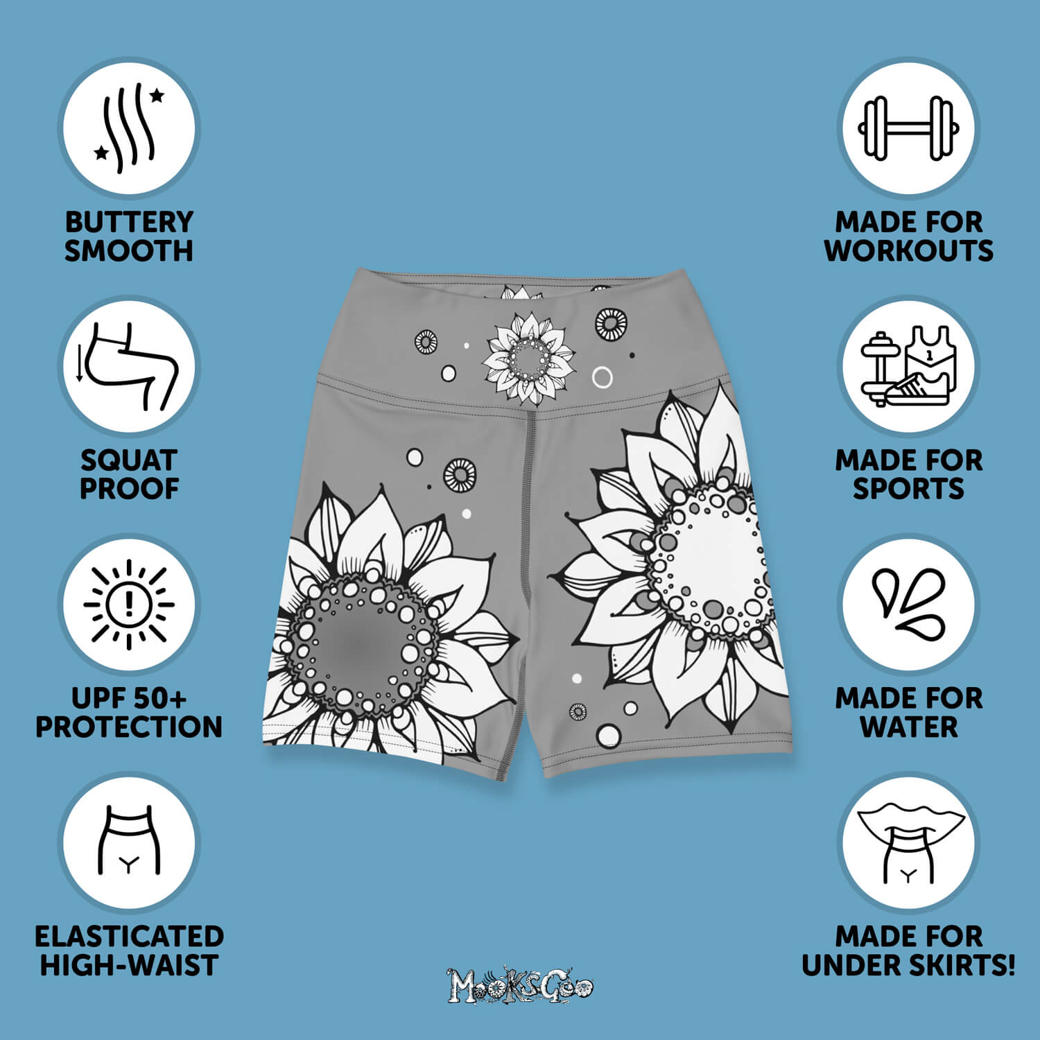 benefits of yoga shorts designed by MooksGoo, buttery soft, squat proof, UPF 50+, elasticated high waist, made for workouts, yoga, cycling, swimming, water and sports