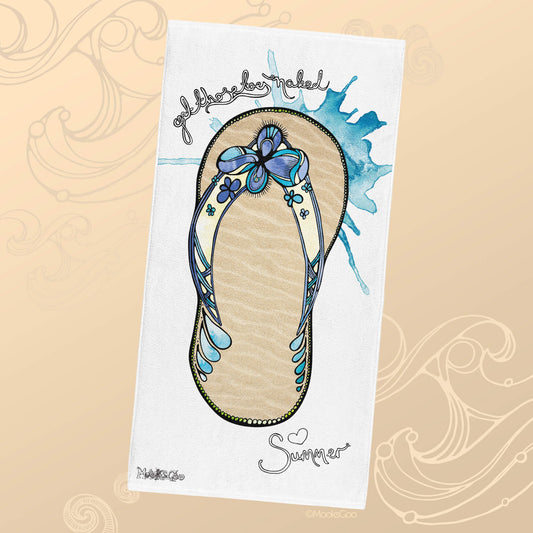 Funky illustrated flip flop bath or beach towel with 'get those toes naked' and 'love summer' on the front, designed by MooksGoo.