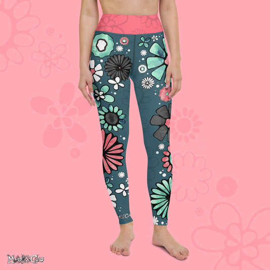 Flower power yoga and workout leisurewear high waisted leggings designed by MooksGoo - forward facing model 
