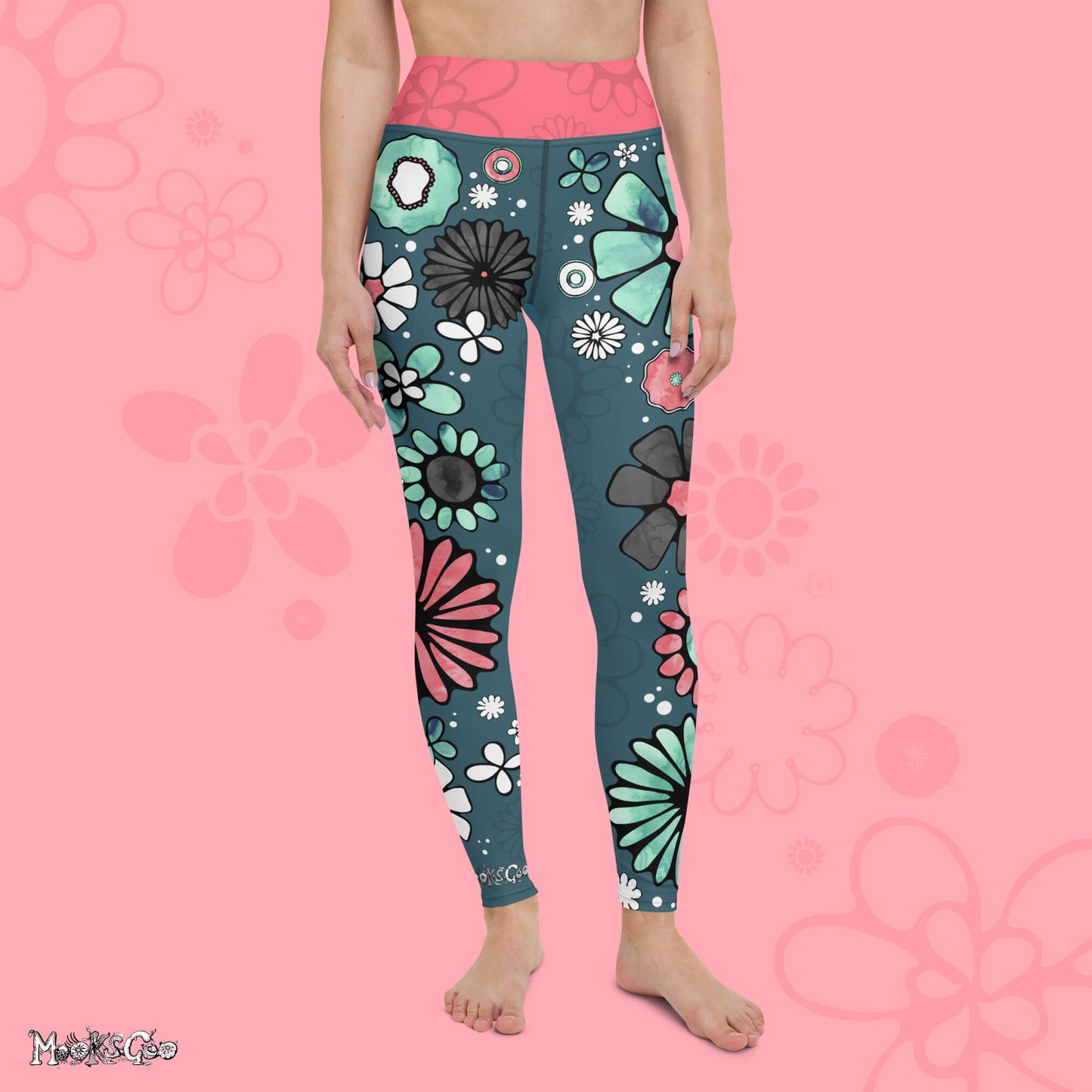 Flower power yoga and workout leisurewear high waisted leggings designed by MooksGoo - forward facing model 