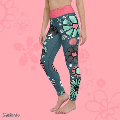 Flower power yoga and workout leisurewear high waisted leggings designed by MooksGoo - left facing model