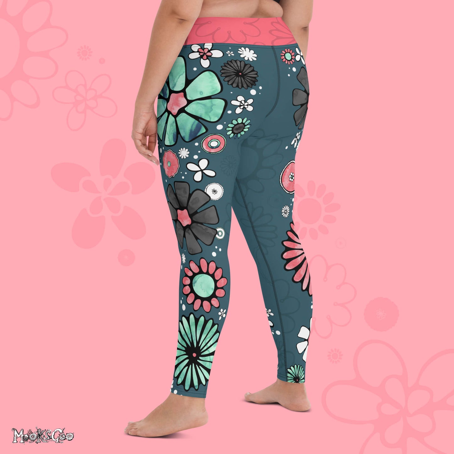 Flower power yoga and workout leisurewear high waisted leggings designed by MooksGoo - back facing plus size model 