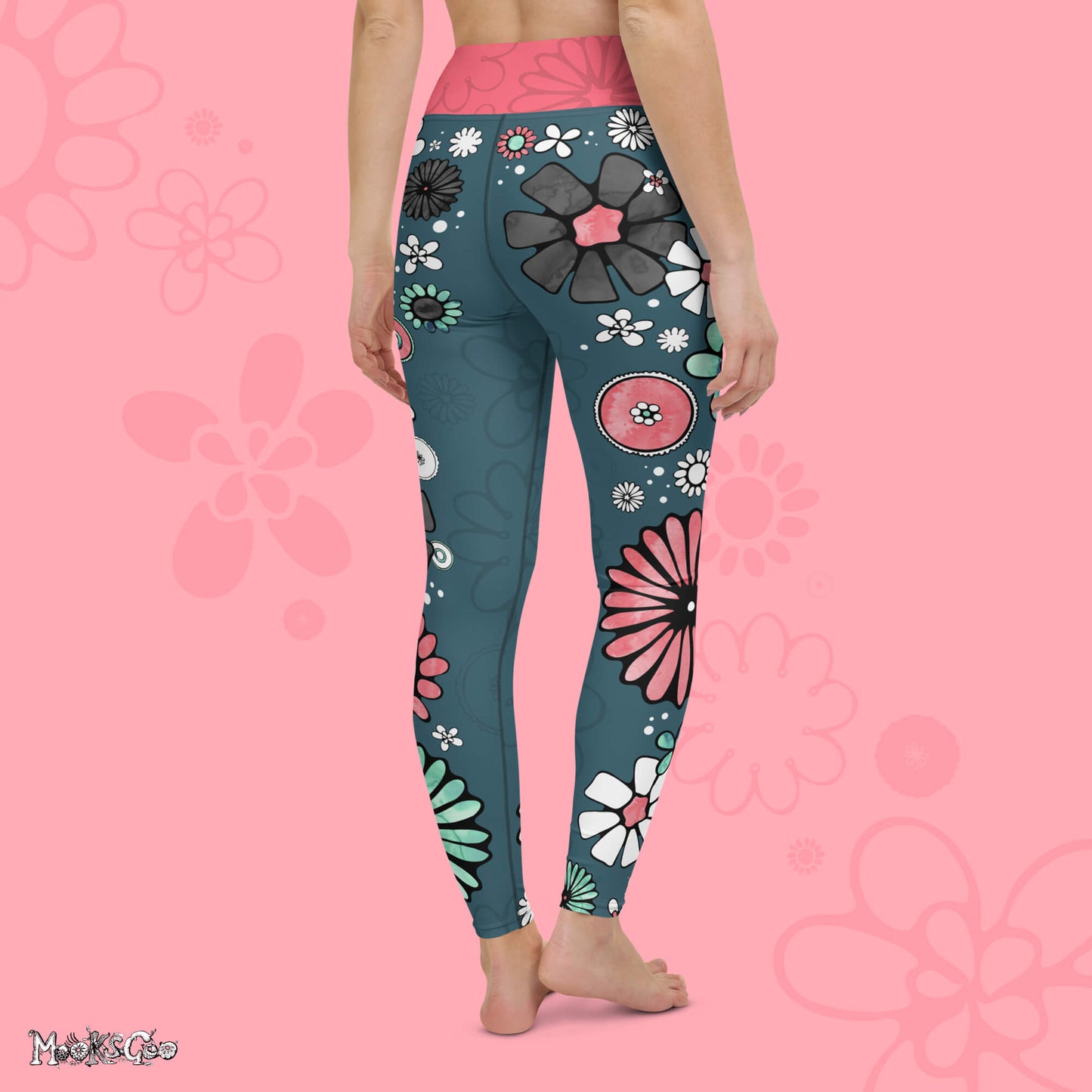 Flower power yoga and workout leisurewear high waisted leggings designed by MooksGoo - back facing model 