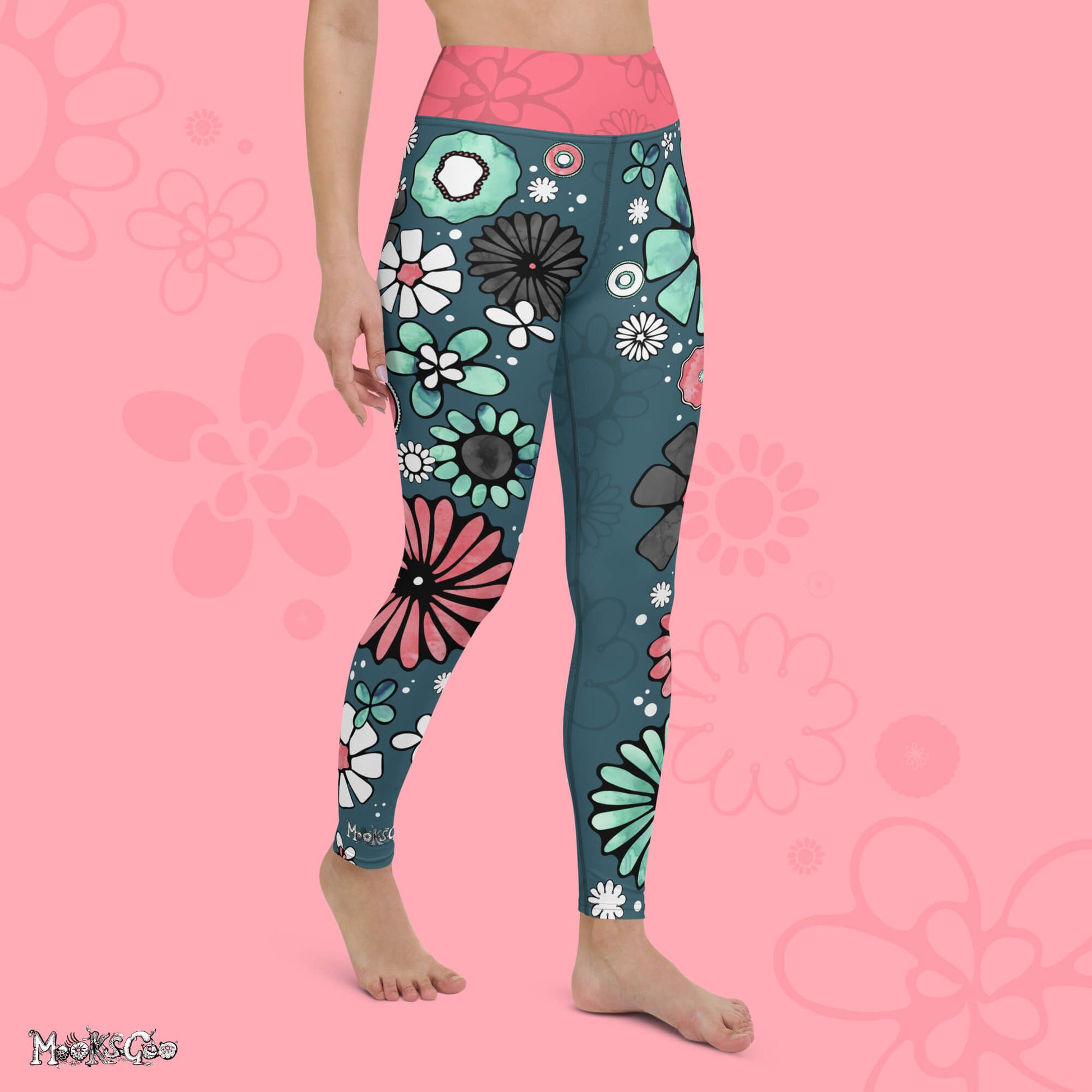 Flower power yoga and workout leisurewear high waisted leggings designed by MooksGoo - right facing model 