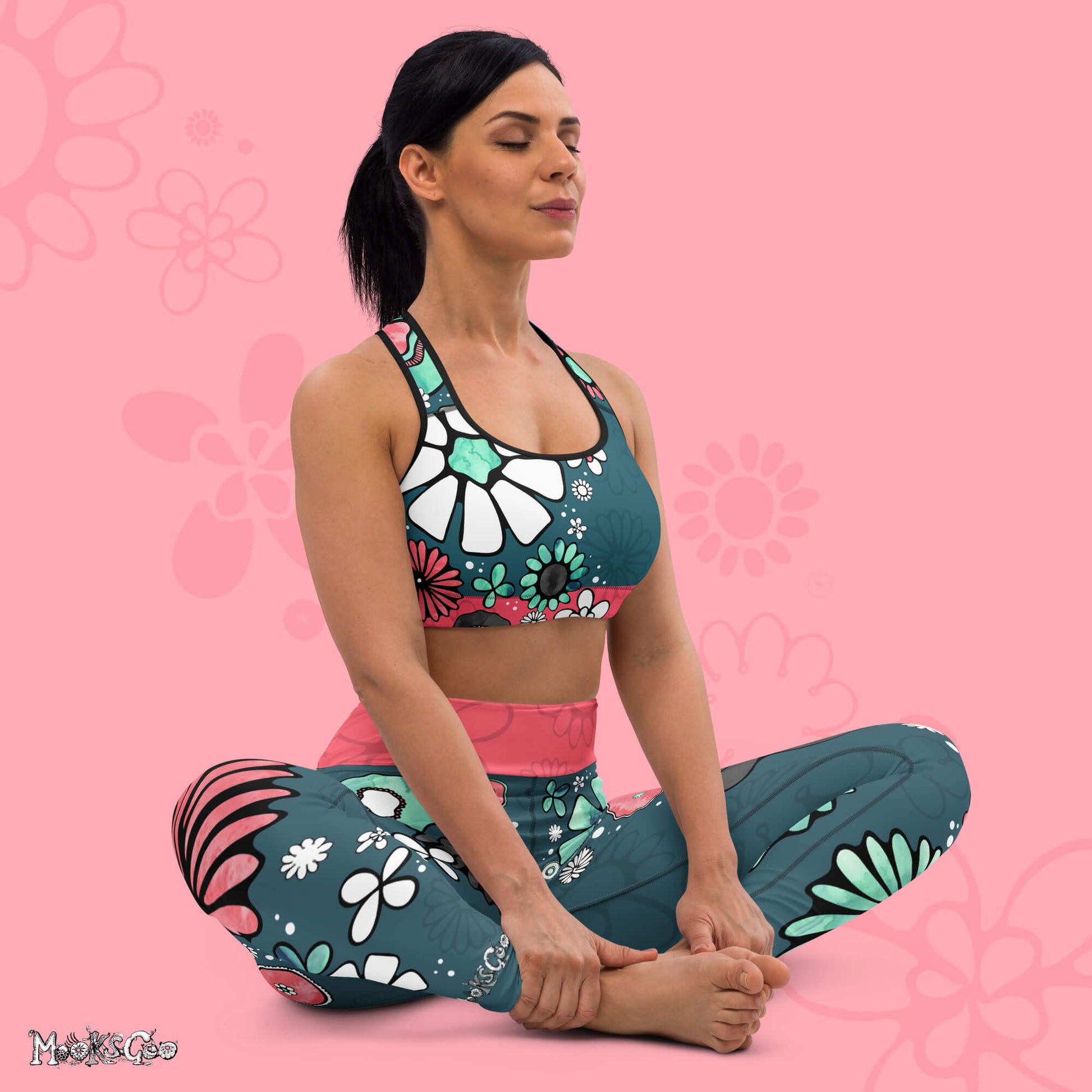 Flower power yoga and workout leisurewear high waisted leggings designed by MooksGoo - yoga pose model 
