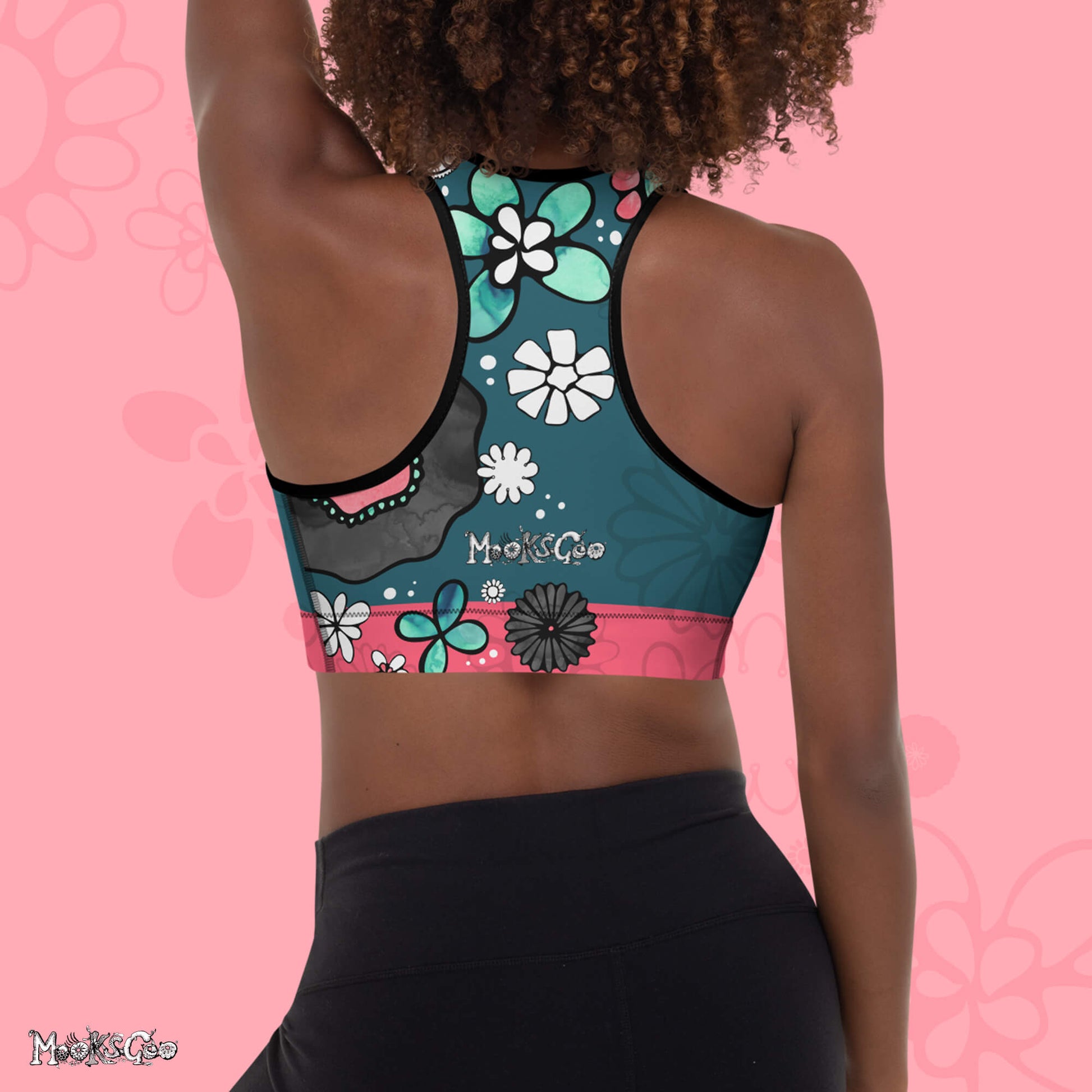 Racer back flower power sports be a with turquoise and pink designs. Created by MooksGoo.