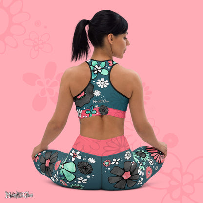 Full funky workout outfit with turquoise and coral illustrated flowers, designed by MiooksGoo.