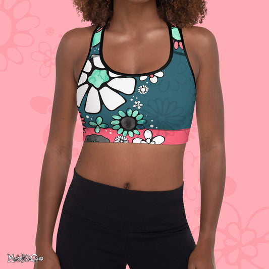 Supportive bright flower power sports bra designed by MooksGoo, with turquoise and coral pink illustrated flowers.