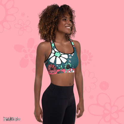 Supportive bright and funky flower power sports bra designed by MooksGoo, with turquoise and coral pink illustrated flowers - right side view. 