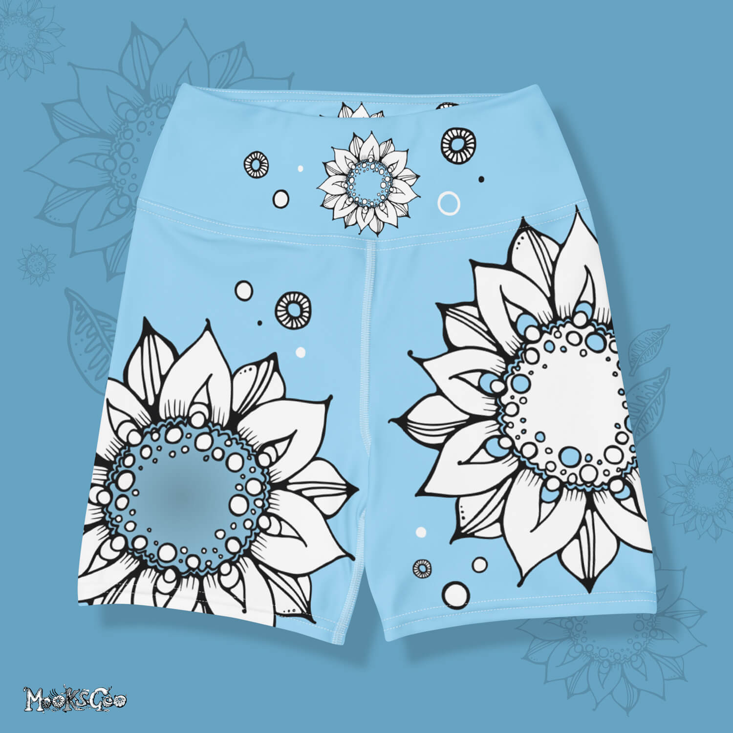 Funky sky blue comfortable, super buttery soft yoga, workout, or cycling shorts, with bold black and white sunflowers, designed by MooksGoo