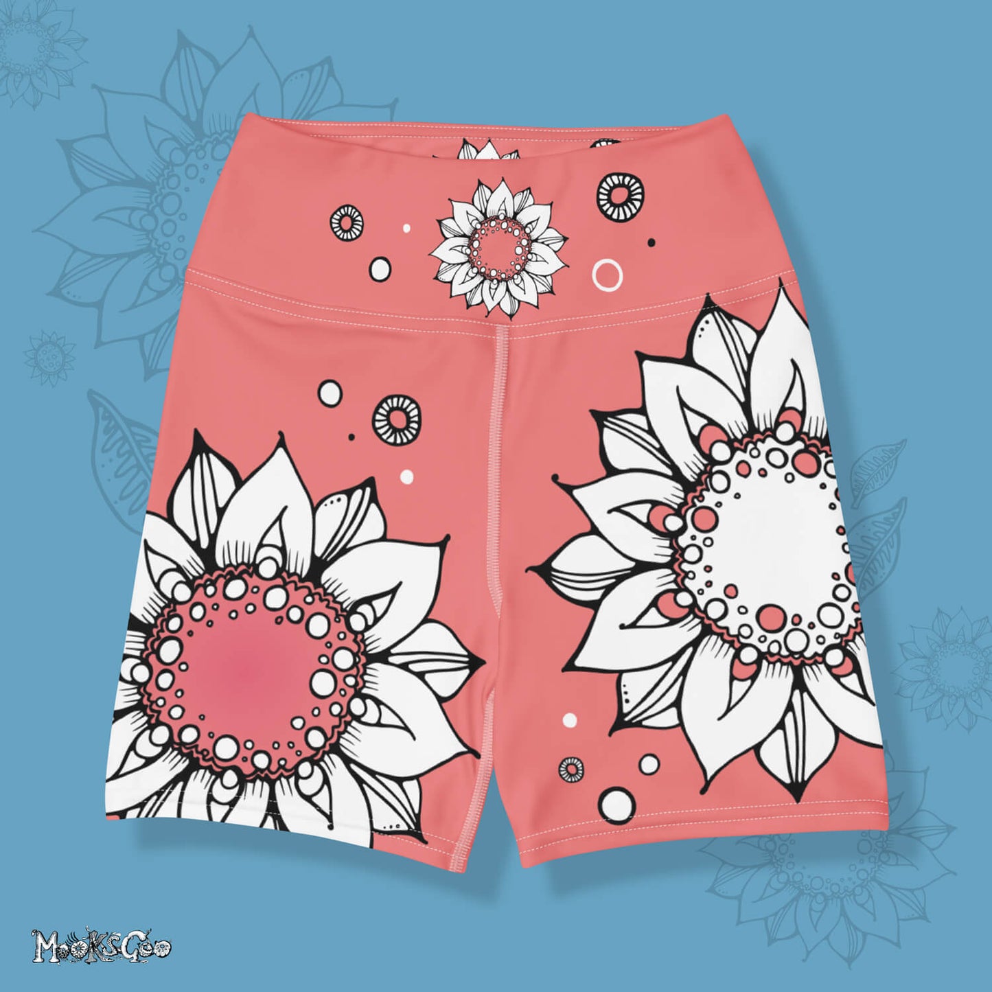 Funky coral comfortable, super buttery soft yoga, workout, or cycling shorts, with bold black and white sunflowers, designed by MooksGoo