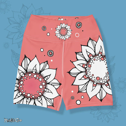 Funky coral comfortable, super buttery soft yoga, workout, or cycling shorts, with bold black and white sunflowers, designed by MooksGoo