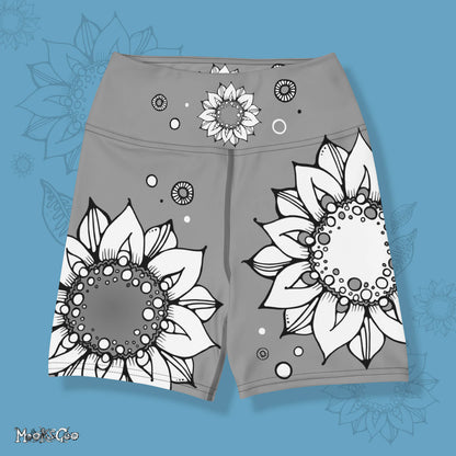 Funky grey comfortable, super buttery soft yoga, workout, or cycling shorts, with bold black and white sunflowers, designed by MooksGoo