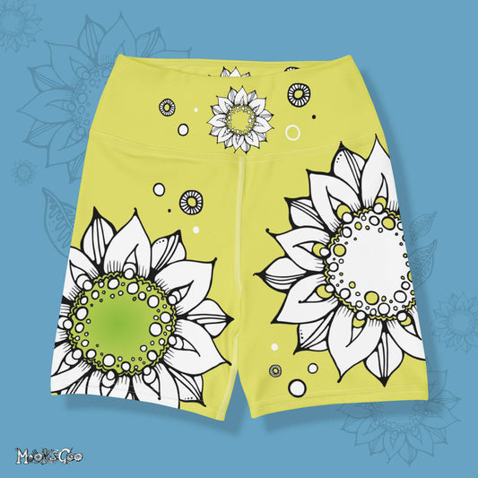 Funky lime green comfortable, super buttery soft yoga, workout, or cycling shorts, with bold black and white sunflowers, designed by MooksGoo