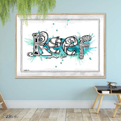 Reef framed name print illustration with bold black and white illustrated lettering by MooksGoo