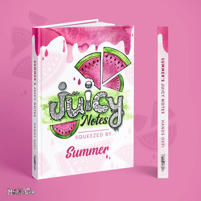 personalised melon journal, diary or notebook with watercolour pink and green splashes, designed by MooksGoo