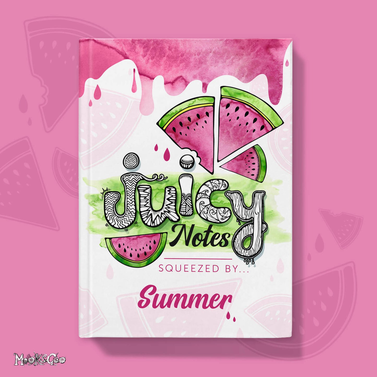 front cover of the personalised melon journal, diary or notebook with watercolour pink and green splashes, designed by MooksGoo