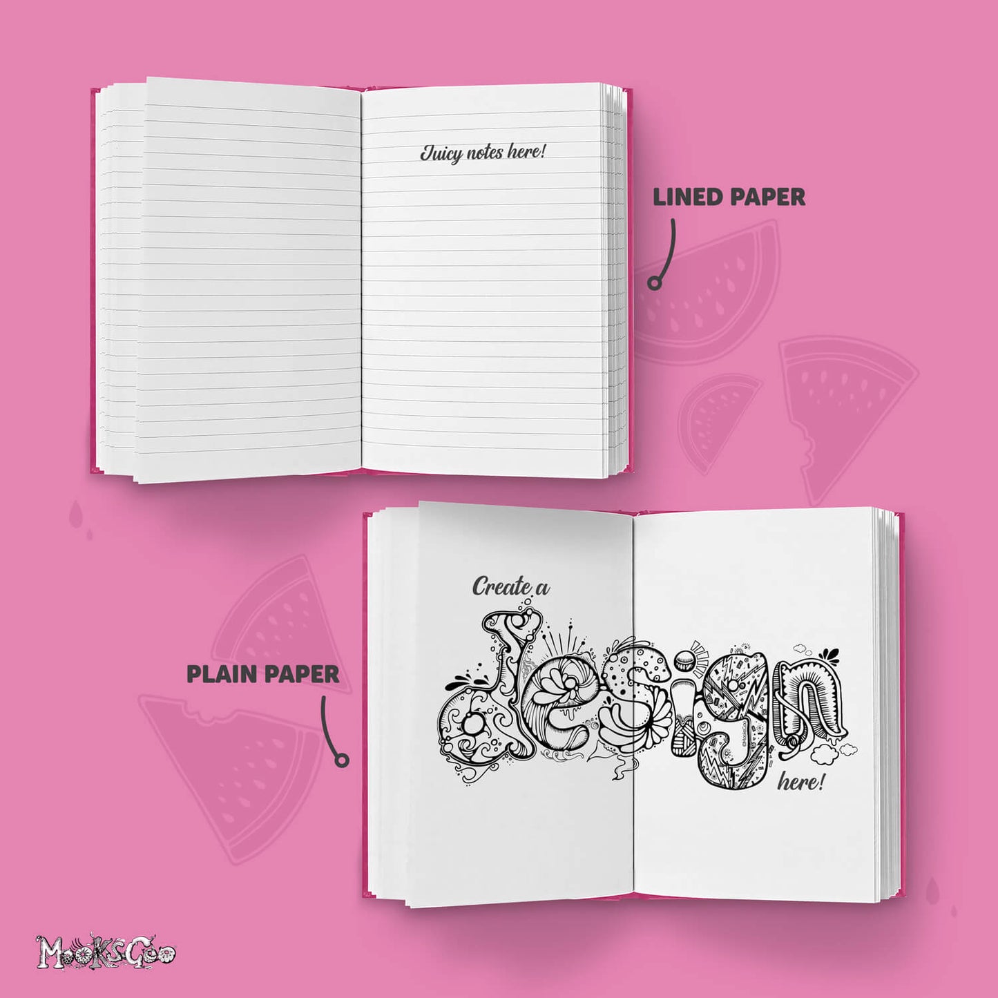 inside lined or plain pages of the personalised melon journal, diary or notebook with watercolour pink and green splashes, designed by MooksGoo
