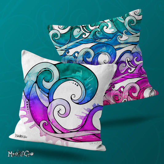 Quirky, modern, fun and bright rainbow surfing wave double sided illustrated cushion, coloured with rainbow watercolours. Designed by MooksGoo