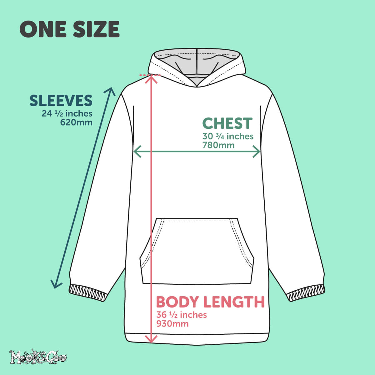 Sizing guide for the large fluffy hoodie designed by MooksGoo