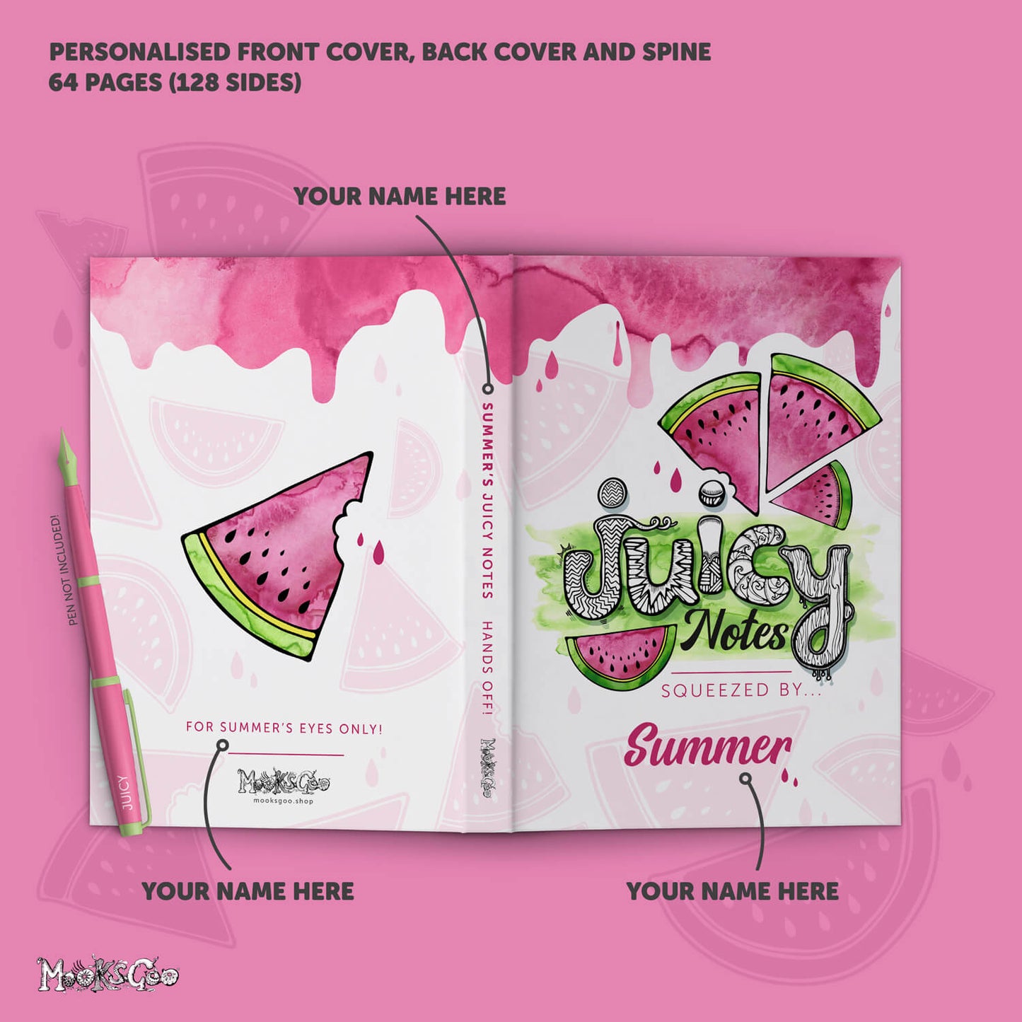 Back and front cover of the personalised melon journal, diary or notebook with watercolour pink and green splashes, designed by MooksGoo