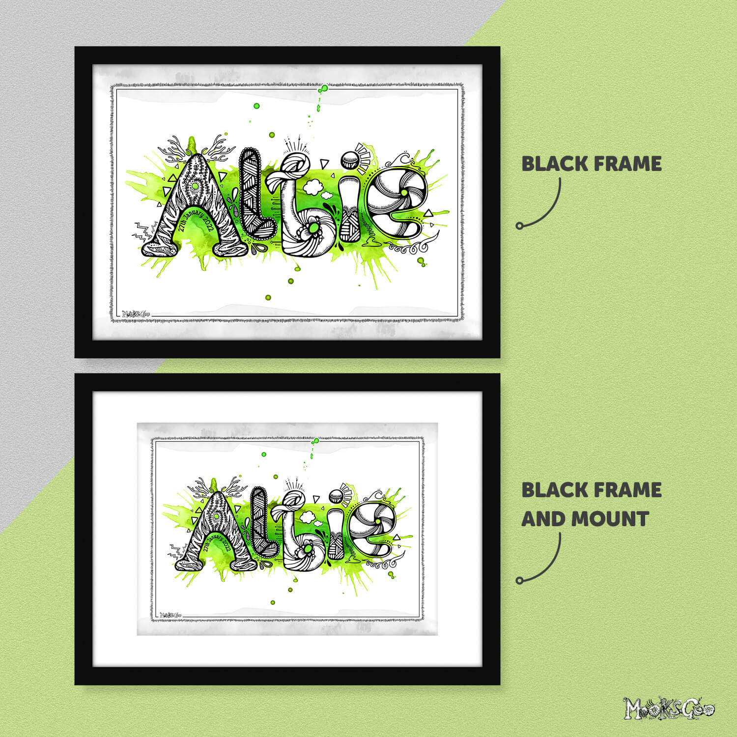 Child's name Albie illustrated in forest green with black and white typography for children's wall art, designed by MooksGoo