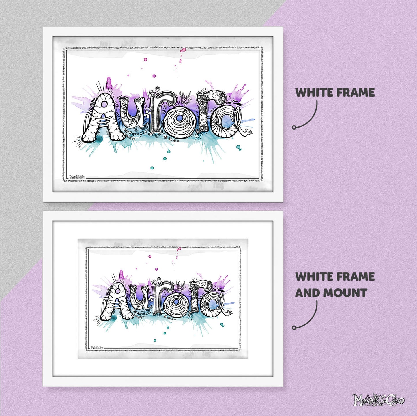 Personalised girls name Aurora with iridescent watercolours, designed and drawn by MooksGoo 