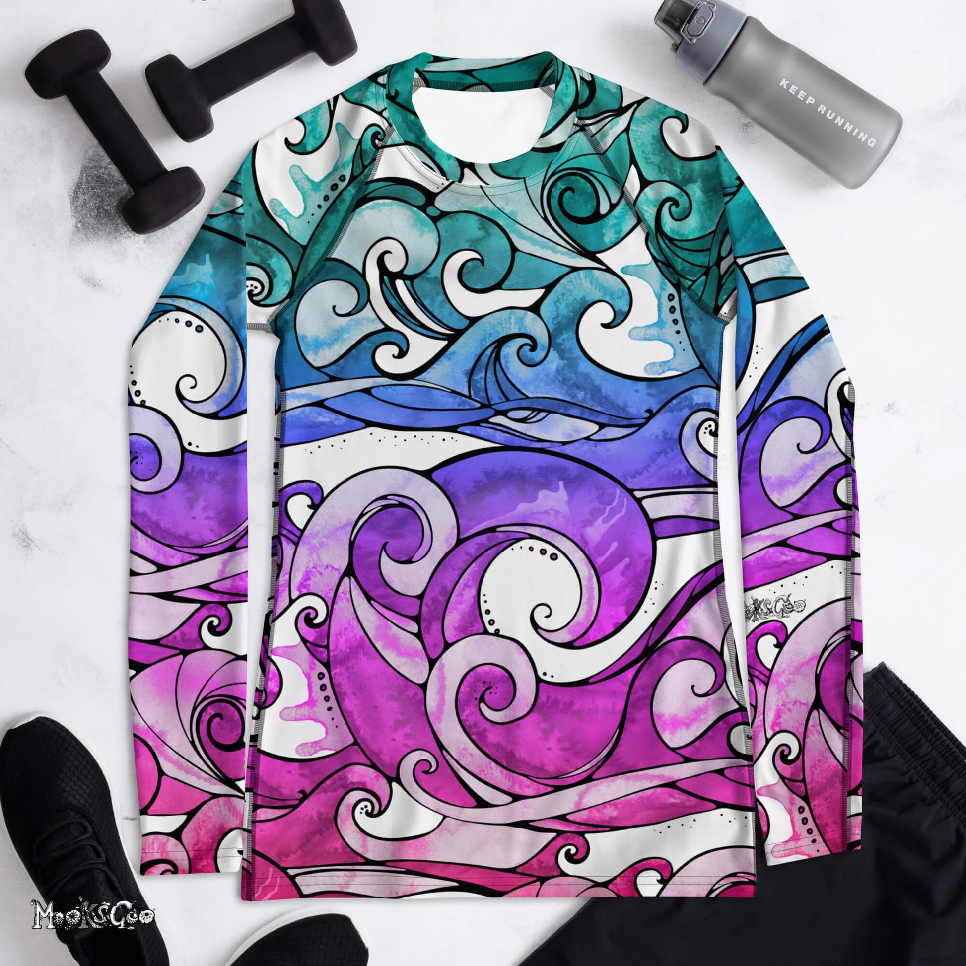 Sports rash guard for working out at the gym or at home. Funky rainbow wave pattern designed by MooksGoo.