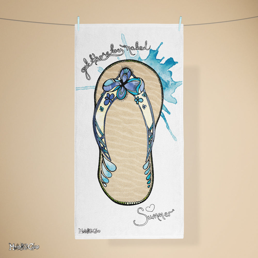 Quirky, thick, plush flipflop beach or bath towel, hanging on a line with pegs, designed by MooksGoo