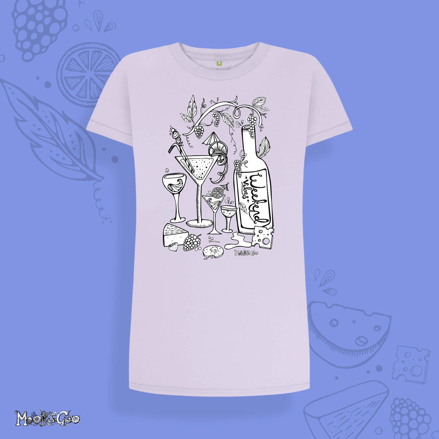 Violet oversized t-shirt dress with bold black and white picture of cheese and wine themed illustration on a long, oversized and relaxed t-shirt dress. It shows a bottle of wine, cocktails, brie cheese, grapes and biscuits - great for a girly night in clothing. Designed by MooksGoo  