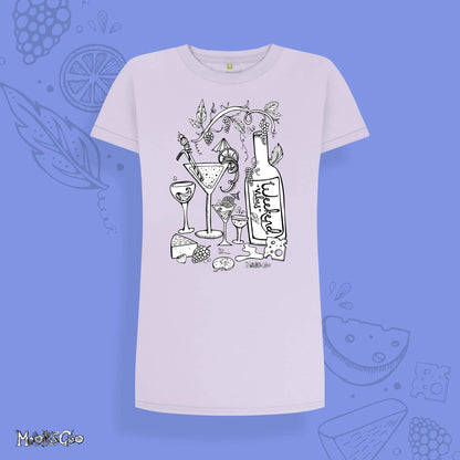 Violet oversized t-shirt dress with bold black and white picture of cheese and wine themed illustration on a long, oversized and relaxed t-shirt dress. It shows a bottle of wine, cocktails, brie cheese, grapes and biscuits - great for a girly night in clothing. Designed by MooksGoo  